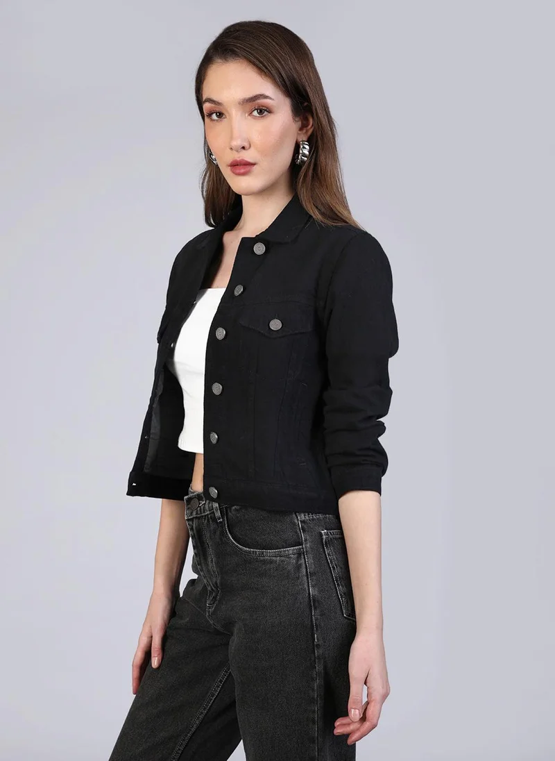 Urbano Fashion  Urbano Fashion Women's Black Regular Fit Washed Full Sleeve Denim Jacket for Women | Best Price UAE